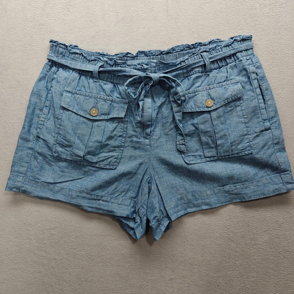 LOFT Shorts Womens M Blue Cotton Linen Blend Paperbag Utility Cargo Boho Coastal